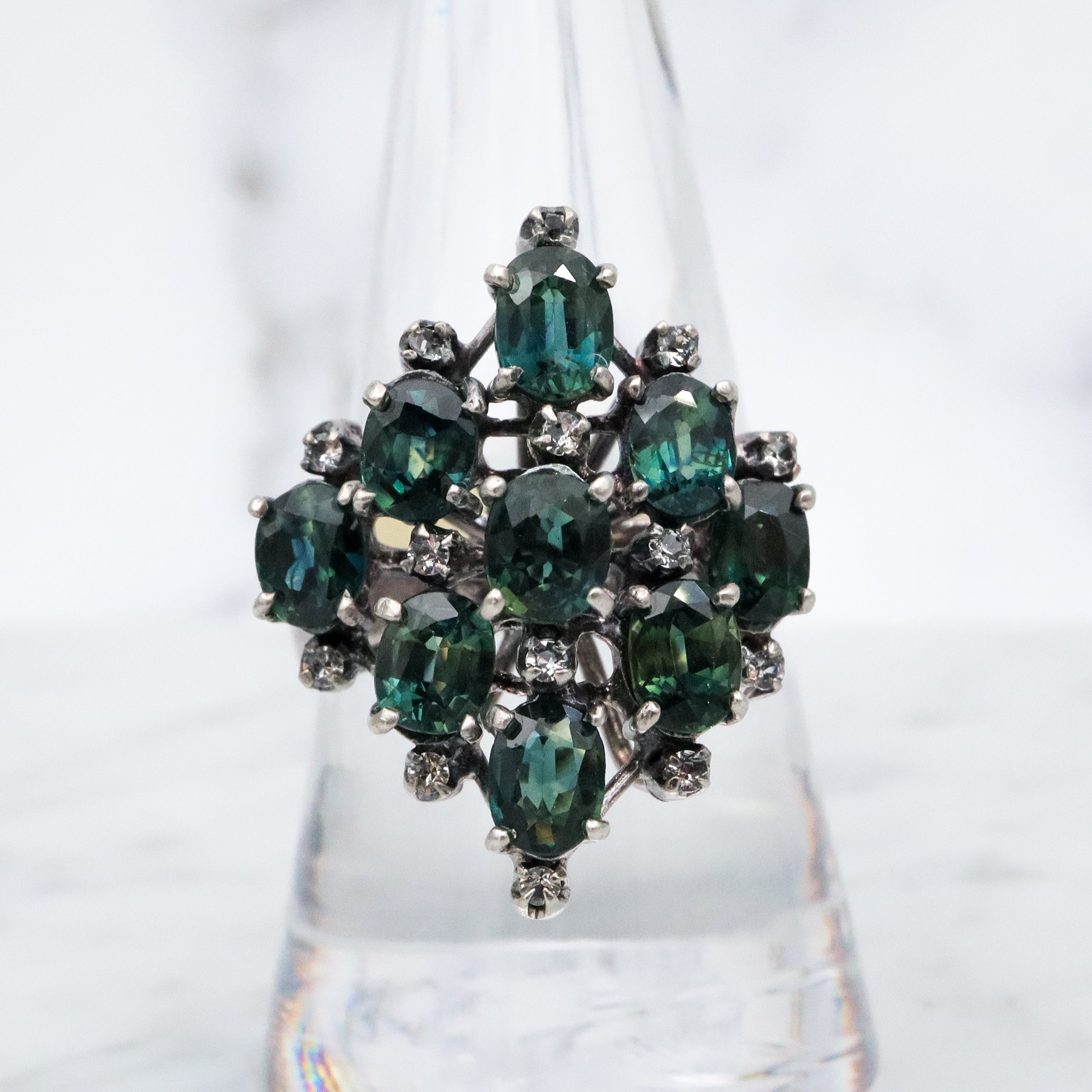 vintage London blue topaz & white zircon sterling cocktail ring, size 9